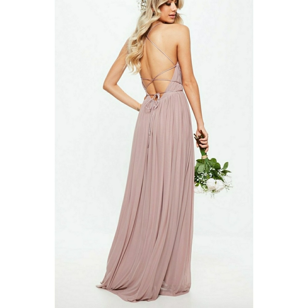 Pink Pleated Mesh Backless Maxi DRESS